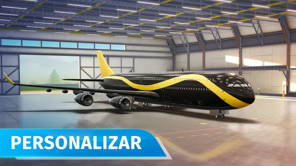 Avião preto e amarelo personalizado dentro de um hangar em Airport City