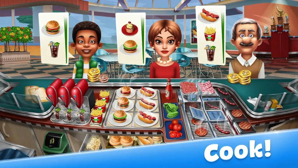 Balcão de Cooking Fever com três empregados, fichas de pedido e tabuleiros de comida