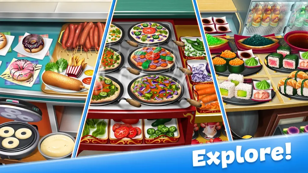 Tabuleiros de ingredientes e pratos preparados nas várias cozinhas de Cooking Fever