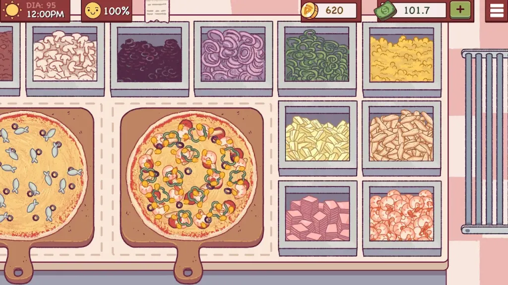 Bancada de Good Pizza, Great Pizza com massa, tabuleiros de ingredientes e duas pizzas montadas