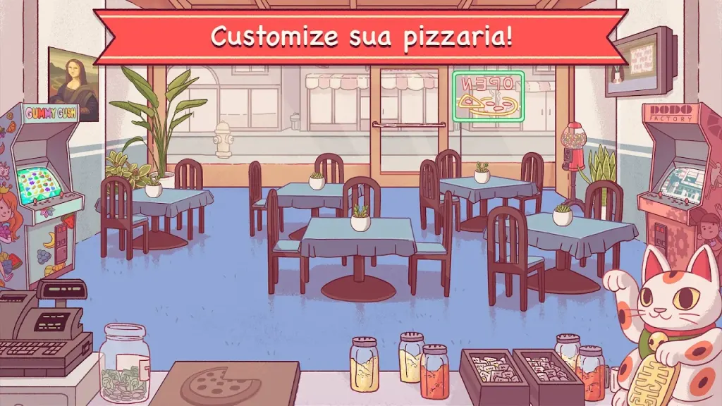 Interior decorado da pizzaria com mesas, máquinas de arcada e um gato de cerâmica