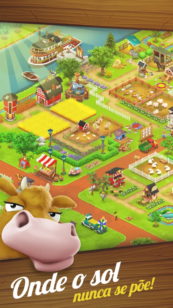 Quinta de Hay Day em ecrã vertical com campos de trigo, animais e uma vaca em primeiro plano
