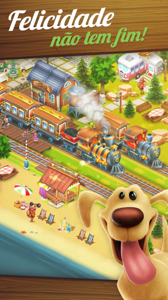 Zona da vila de Hay Day com comboio, praia e um cão em primeiro plano