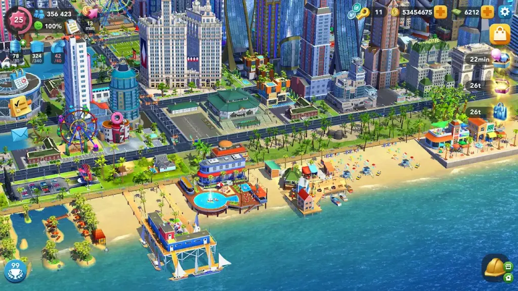 Zona costeira de SimCity BuildIt com marina, praia e torres de escritórios