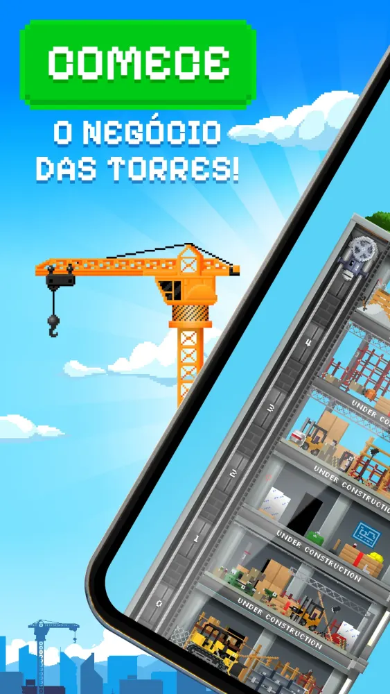 Ecrã inicial de Tiny Tower com uma grua e andares em construção vistos num telemóvel
