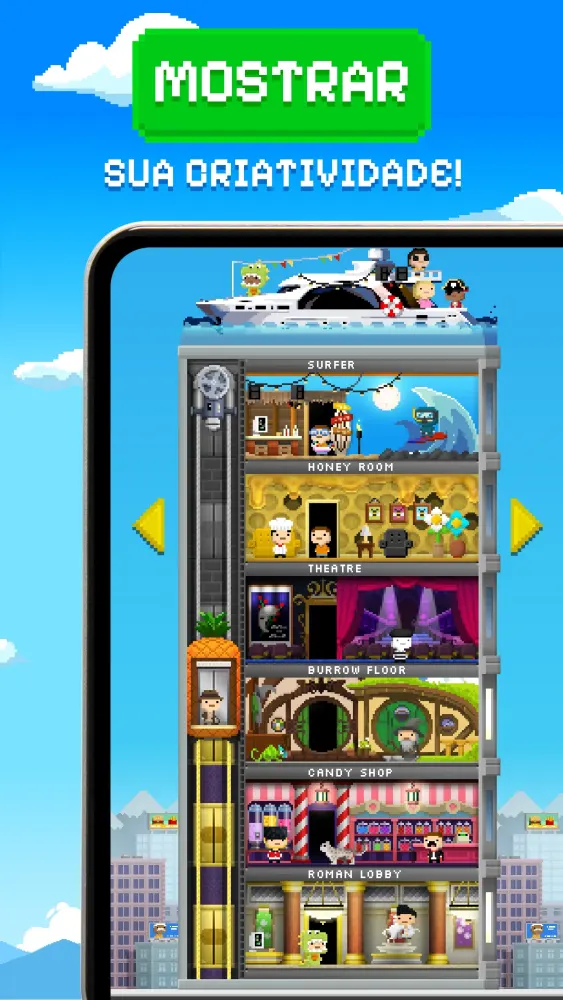 Vários andares temáticos de Tiny Tower em pixel art, com lojas e residentes
