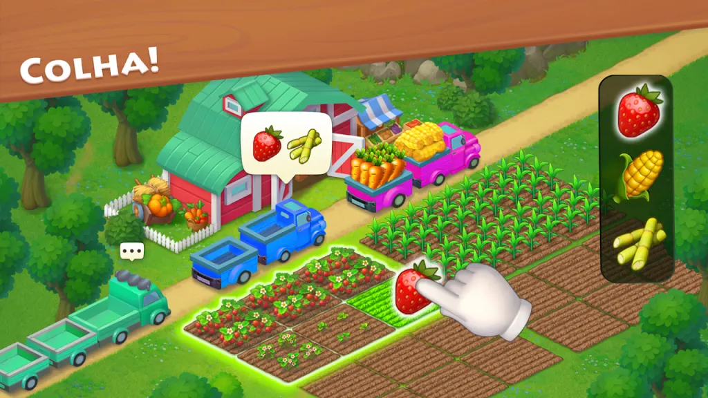 Campos de cultivo de Township com talhões de morango e milho e camiões de recolha